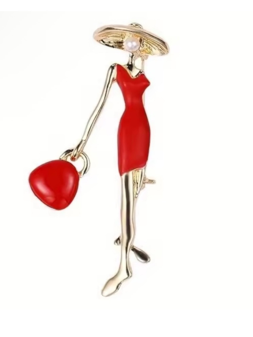 Luxe Red Lady Brooch with Gold-Tone Accents